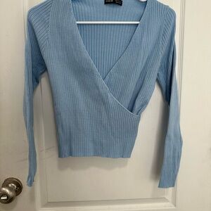 SHEIN Sky Blue Ribbed V-Neck Sweater
